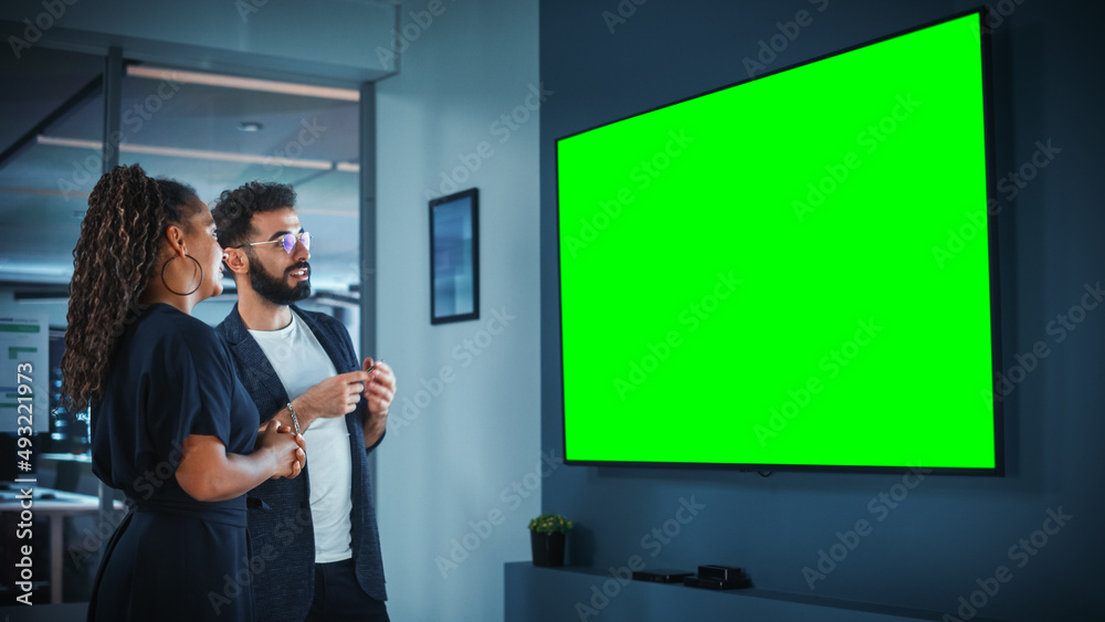 Aufkleber company operations manager holds meeting presentation for a team of executives. adult male uses wide