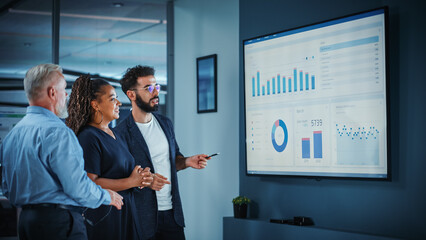 Company Operations Manager Holds Meeting Presentation. Diverse Team Uses TV Screen with Growth...