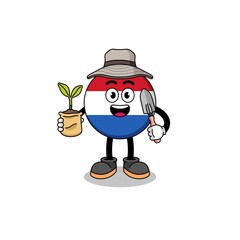 Illustration of netherlands flag cartoon holding a plant seed