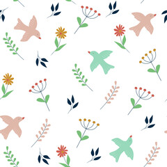 Cute blooming meadow seamless pattern. Birds and flowers on a white background. Creative spring vector background. Colorful childish design.