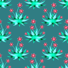 Tropic plants with flowers and leaves, seamless pattern.