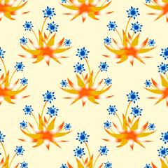 Tropic plants with flowers and leaves, seamless pattern.