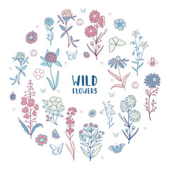 Vector set of wild flowers with insects. Doodle design and pastel colors. Pink and blue. Isolated on white background