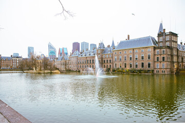 view of the pond in front of the parliament buildings in The Hague
