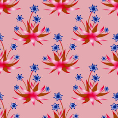 Tropic plants with flowers and leaves, seamless pattern.