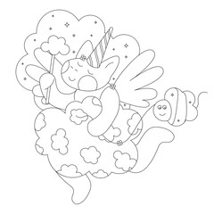 Coloring page with the fairy unicorn. Cartoon fantasy creature. Cute line art design for nursery poster, print, kids apparel. Vector illustration. Isolated.