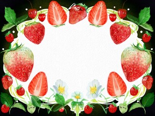 Watercolor painting of fresh strawberries and berries with cute check pattern frame	