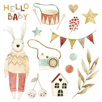 Watercolor illustration set hello baby with bunny, toys, stars, dots. Isolated on white background. Hand drawn clipart. Perfect for card, postcard, tags, invitation, printing, wrapping.