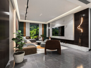 3D rendering, spacious living room design of modern residence, with sofa, tea table, decorative painting, etc