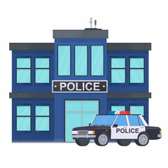 Police station. Prison building with a police car, vector illustration