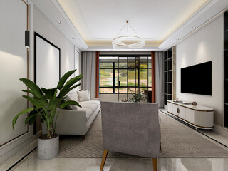 3D rendering, spacious living room design of modern residence, with sofa, tea table, decorative painting, etc