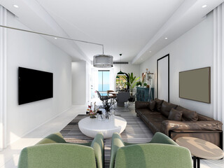 3D rendering, spacious living room design of modern residence, with sofa, tea table, decorative painting, etc