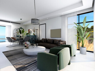 3D rendering, spacious living room design of modern residence, with sofa, tea table, decorative painting, etc