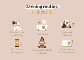 Evening routine ideas. Self care checklist. Vector