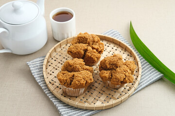 Bolu Kukus Gula Jawa (brown sugar steamed sponge cake), a traditional snack from Indonesia made from flour, egg, brown sugar, and salt. 
