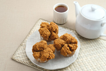 Bolu Kukus Gula Jawa (brown sugar steamed sponge cake), a traditional snack from Indonesia made from flour, egg, brown sugar, and salt. 

