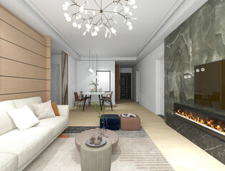 3D rendering, spacious living room design of modern residence, with sofa, tea table, decorative painting, etc