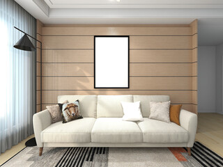 3D rendering, spacious living room design of modern residence, with sofa, tea table, decorative painting, etc