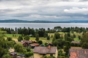 Photo sur Plexiglas Europe du nord  Segersta, Halsingland - Sweden -Panoramic view over old village houses with the Ljusnan river in the background