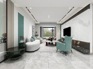 3D rendering, simple modern living room sofa with coffee table, with green plants on the table.
