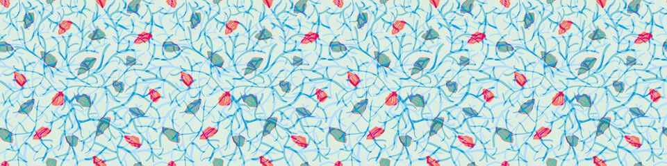 Fototapeta na wymiar Scattered petal vector seamless border background. Floating petals on textured trailing stems blend blue red banner. Hand drawn decorative floral botanical design. For edging, trim, web,