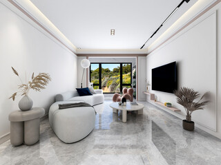 3D rendering, simple modern living room sofa with coffee table, with green plants on the table.