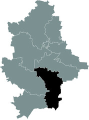 Black flat blank highlighted location map of the KALMIUSKE RAION inside gray raions map of the Ukrainian administrative area of Donetsk Oblast, Ukraine