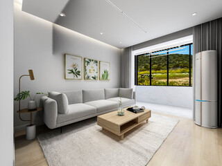 3D rendering, simple modern living room sofa with coffee table, with green plants on the table.