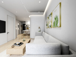 3D rendering, simple modern living room sofa with coffee table, with green plants on the table.