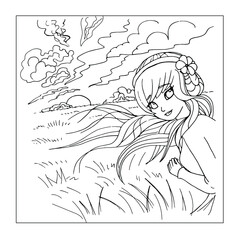 Fototapeta na wymiar vector coloring page with cute anime girl