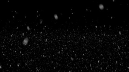 Falling snow at night. Bokeh lights on black background, flying snowflakes in the air. Overlay texture. Snowstorm. Falling snowflakes isolated on black background - Design element. 