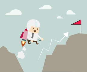 A businessman drives a rocket to the top of a mountain with flags and looks into the top and tries to go up to the flag for success, business ideas and search opportunities.