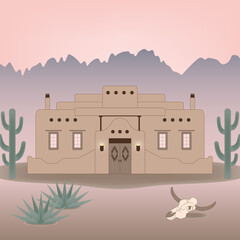 Fototapeta premium Santa Fe ranch, adobe home. Pueblo style, southwestern house in the desert with cactus, mountains and cow skull. Typical and traditional building in New Mexico, USA. Hand drawn, vector eps 10.