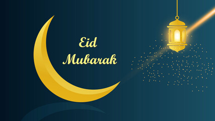 Eid Mubarak greeting card design. Eid al-Fitr vector illustration of blue color with moon and elements sign. Festival of Muslim, Islamic holiday