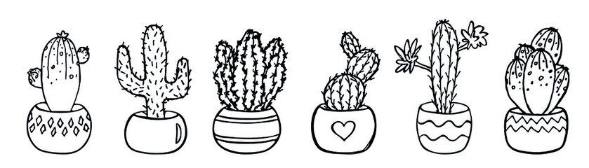 Set of cute hand drawn simple cactus. Houseplant in a pot clipart. Cacti illustration isolated on white background. Cozy home doodle.