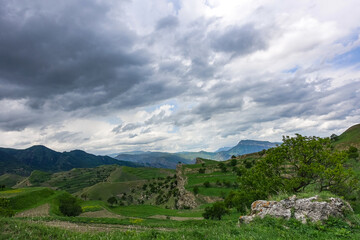 Naklejka premium Views of the mountains of Dagestan near the village of Gamsutl. Russia June 2021