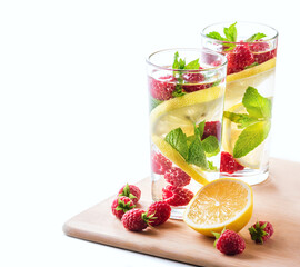 Detox fruits infuse water with ice, raspberries, lemon, mint on wooden background. Refreshing summer cocktail, selective focus.