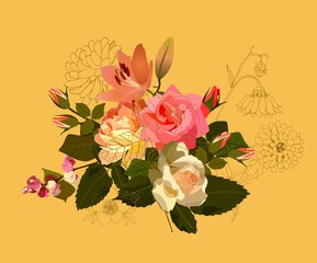A beautiful bouquet of flowers with a golden outline over the pattern. Beautiful print for fabric, dishes, postcards. Natural background. Vector design.