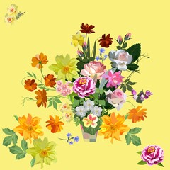 Beautiful print for a pillowcase, napkins with a luxurious bouquet of garden flowers in a vase on a lemon yellow background. Vector illustration. Linens. Natural pattern.