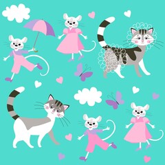 Endless fabric print for toddlers with cute cartoon grey-white cats and white mice, umbrella, clouds.butterflies, hearts isolated on an emerald green background. Vector illustration.