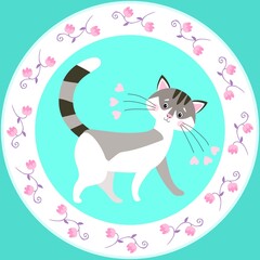 Cute cartoon cat with little hearts on the tips of his whiskers on a blue background. Border with flowers. Wonderful print for plates, napkins, pillows. Vector illustration.