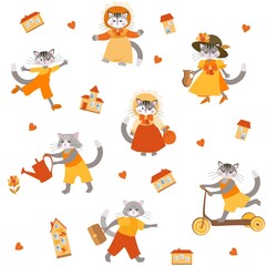 Seamless pattern with cute cartoon cats in costumes, small houses and hearts isolated on a white background. Great fabric print