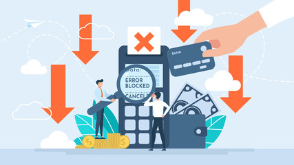 Ban on the use of currency. Cancellation of financial transactions. The metaphor of crisis, default. Terminal with receipt. Character making purchases using a credit card. Flat business illustration - obrazy, fototapety, plakaty
