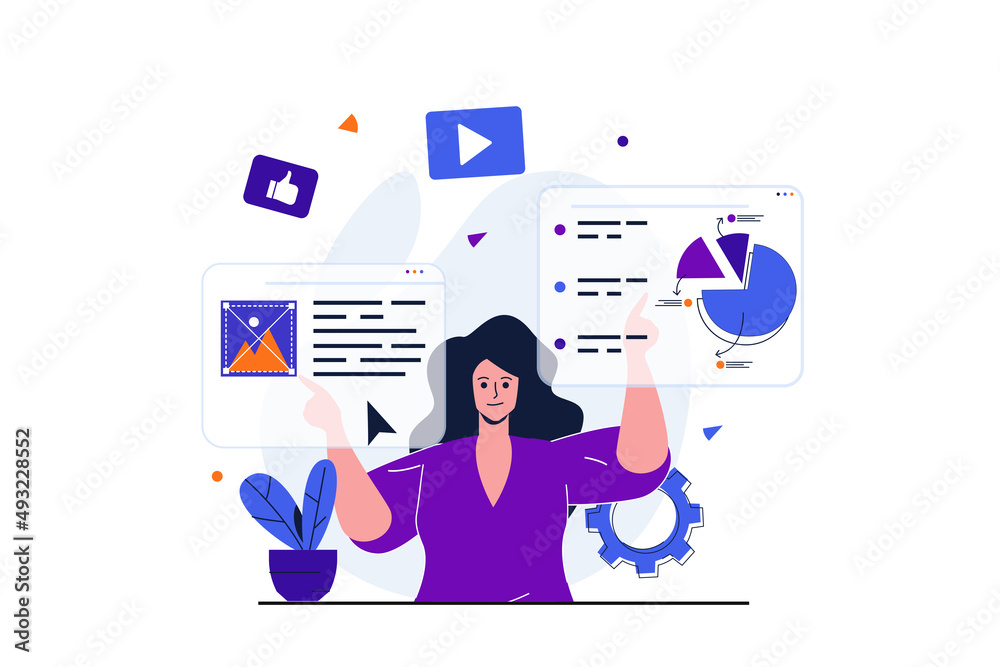Aufkleber marketing modern flat concept for web banner design. woman marketer analyzes data and optimizes web 