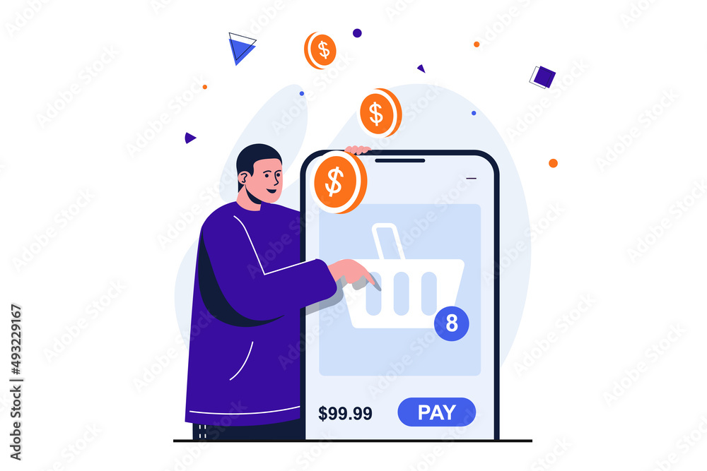 Fototapete mobile commerce modern flat concept for web banner design. man chooses goods in online store and for