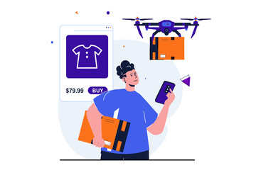 Mobile commerce modern flat concept for web banner design. Man makes purchases and uses delivery service, flying drone brings order to customer at home. Illustration with isolated people scene