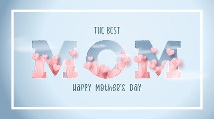 mother's day banner in blue with the word MOM flying out of the heart