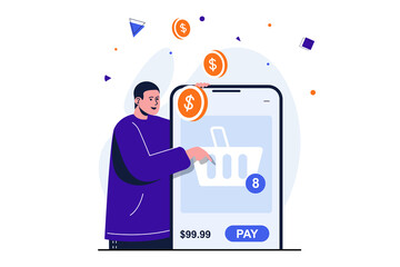 Mobile commerce modern flat concept for web banner design. Man chooses goods in online store and forms shopping basket for payment using application. Illustration with isolated people scene