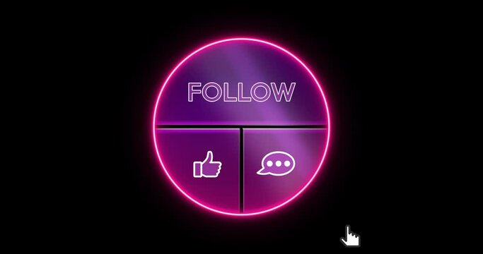 Social media interface. Mouse clicking follow, like and comment buttons. 4K animation with alpha channel
