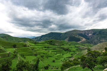 Fototapeta na wymiar Views of the mountains of Dagestan near the village of Gamsutl. Russia June 2021